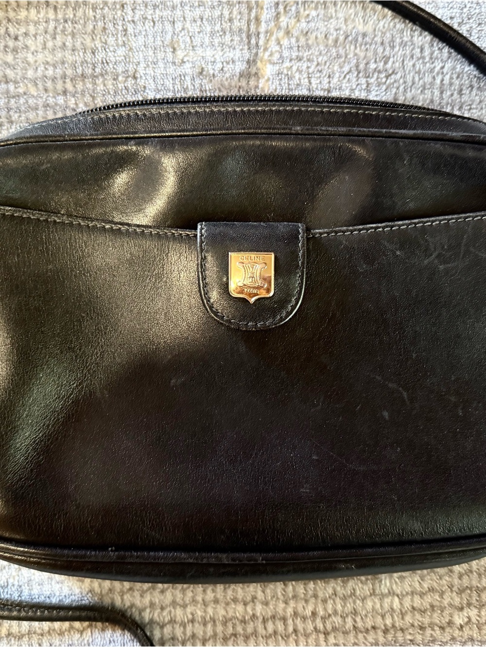 Celine Black Leather Crossbody Bag with Gold Emblem